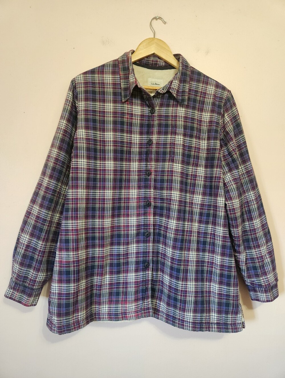 L.L. Bean Purple Plaid Fleece Lined Flannel Shacket Shirt Jacket Women's Size L